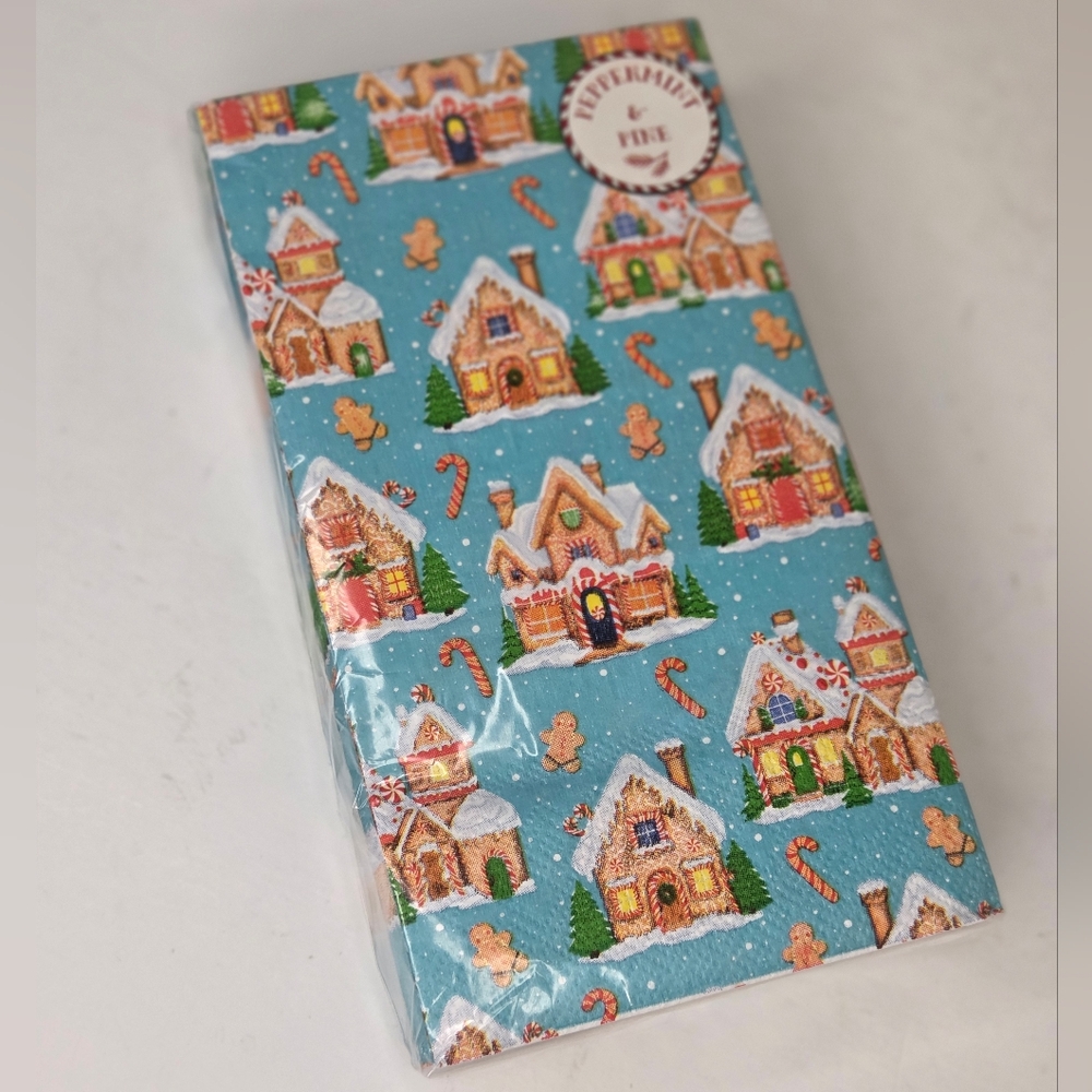 Peppermint Gingerbread Village Blue Christmas Napkin Set